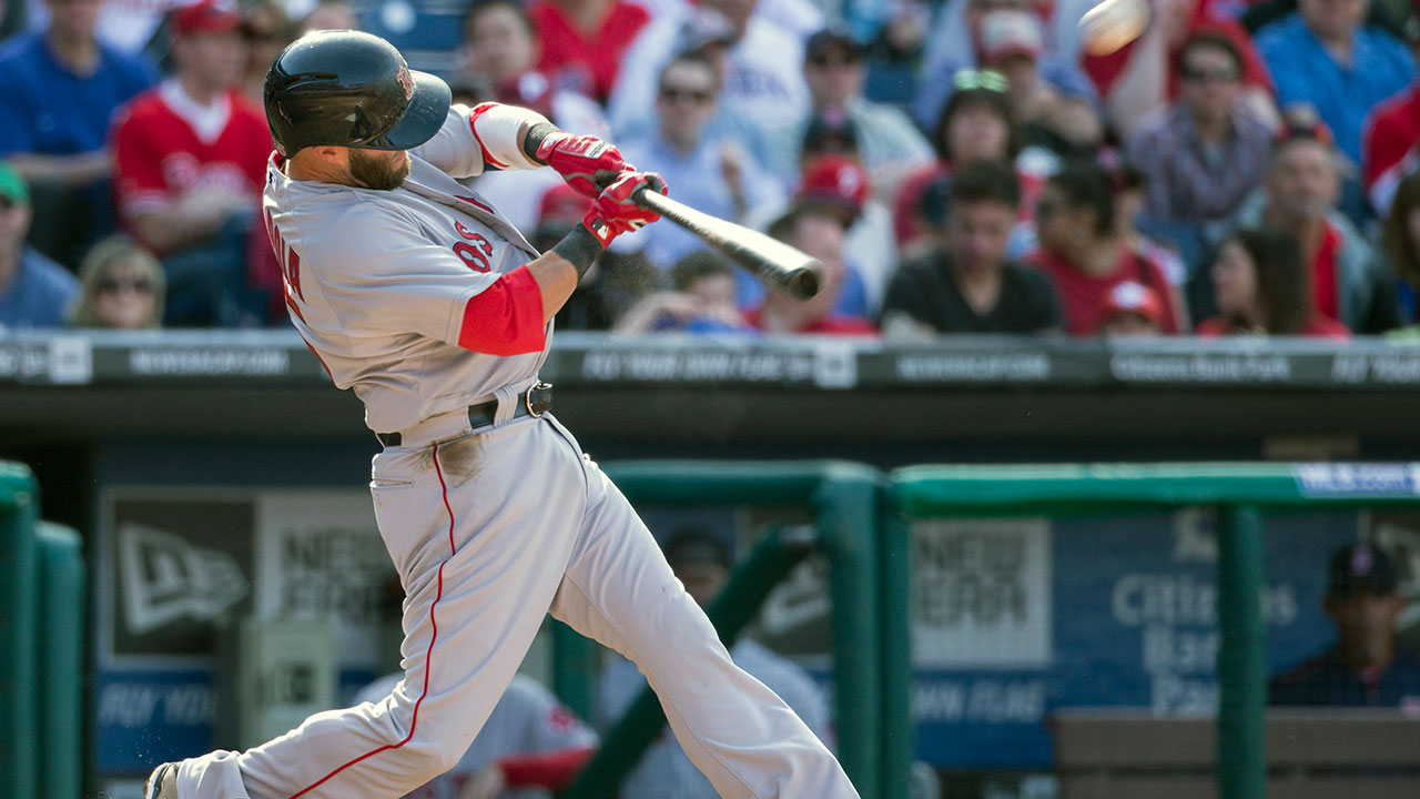 Boston Red Sox second baseman Dustin Pedroia hits his second solo home run during the fifth inning. (Chris Szagola/AP)