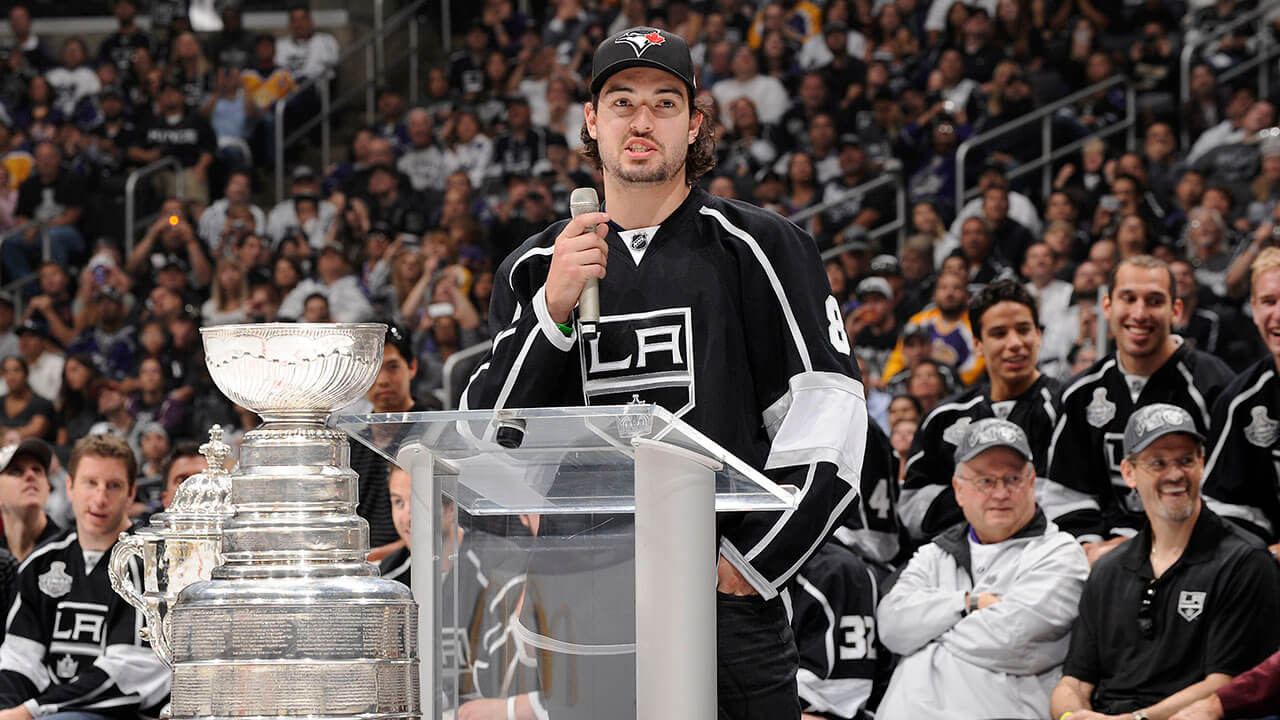 Drew Doughty speaks during the Los Angeles Kings Championship Parade and Rally