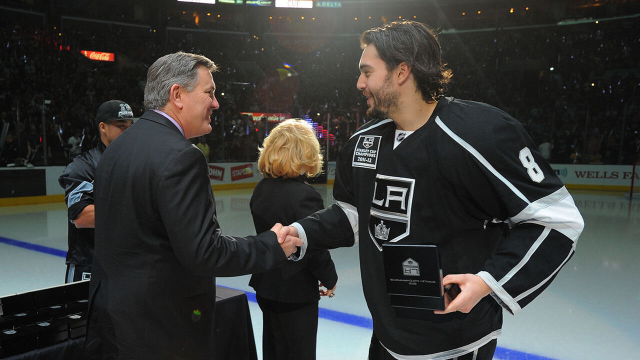 Drew Doughty of the Los Angeles Kings receives his 2011-12 Stanley Cup ring