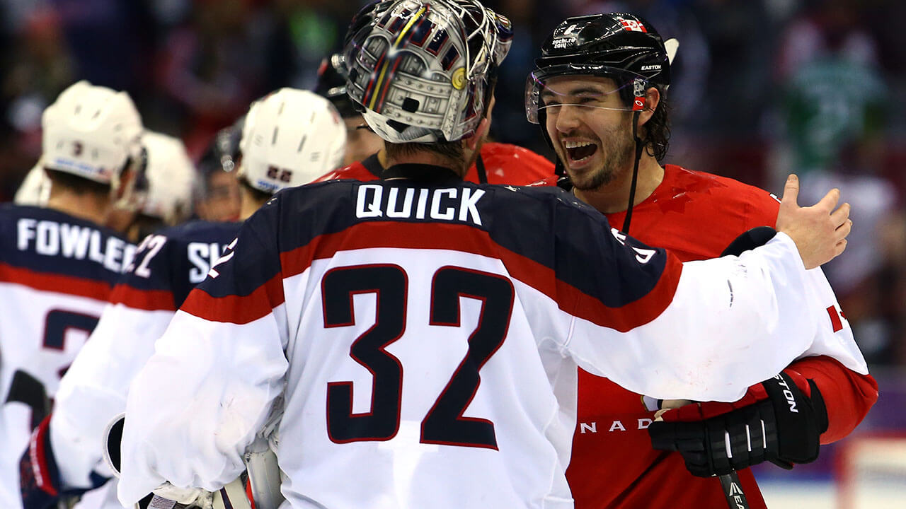 Canada's Drew Doughty shakes hands with Jonathan Quick of the United States after the Men's Ice Hockey Semifinal Playoff on Day 14 of the 2014 Sochi Winter Olympics