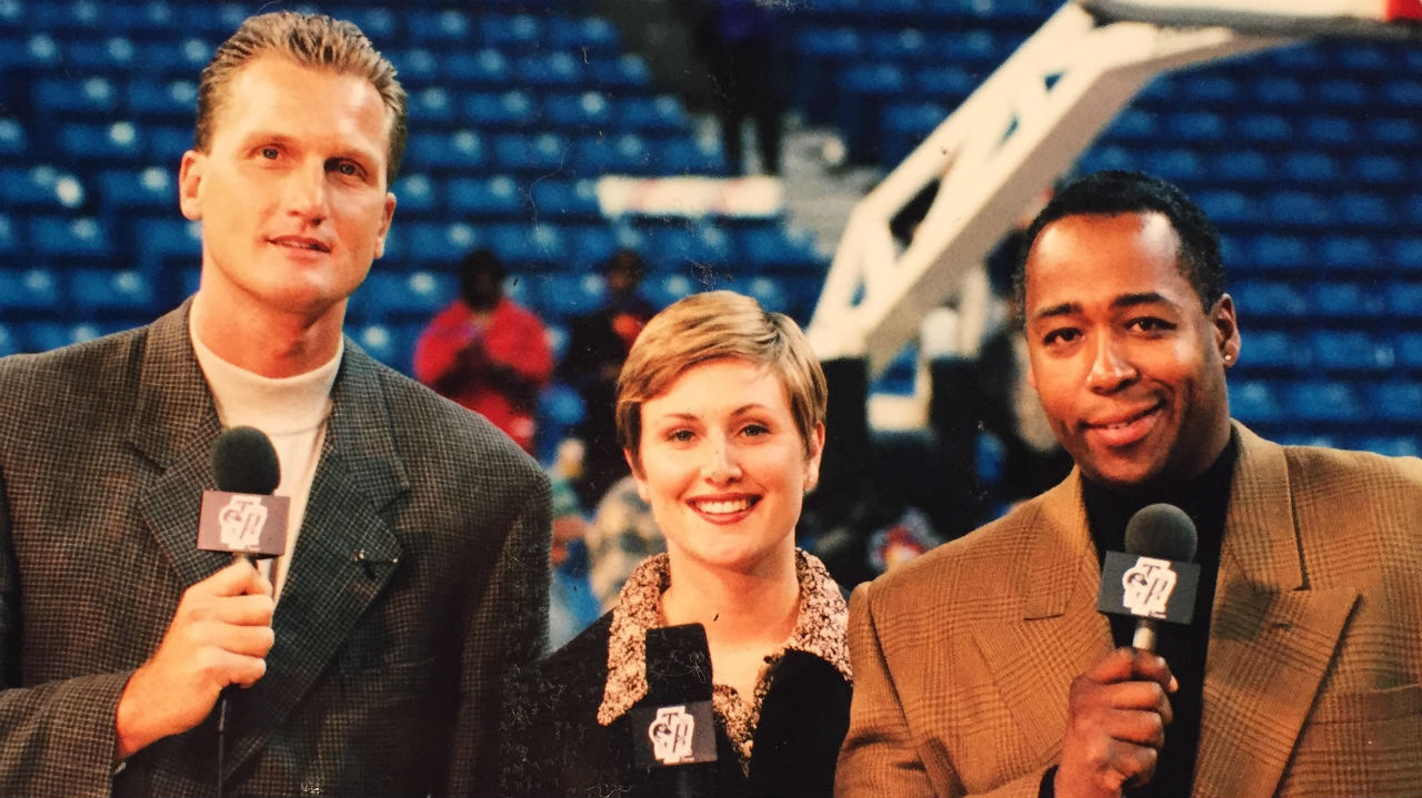 (L-R) Leo Rautins. Lori Belanger and John Saunders were part of an all-Canadian Raptors broadcast crew. 